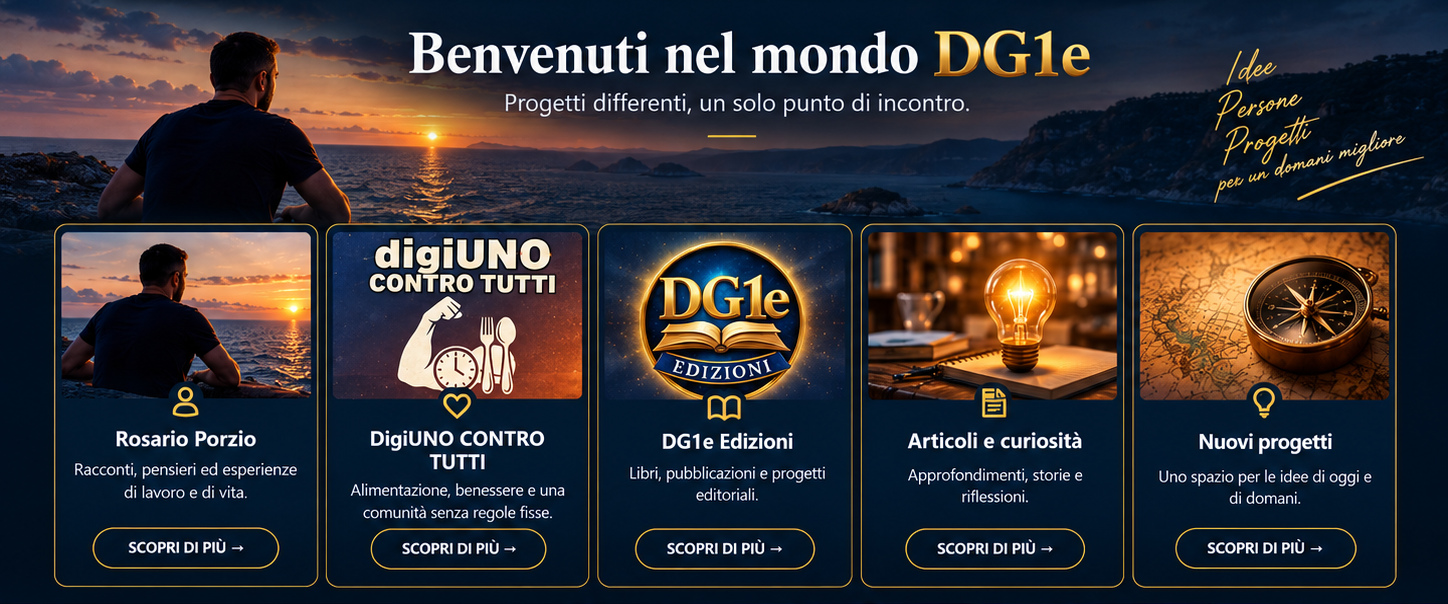 Benvenuti nel mondo DG1e. Progetti differenti, un solo punto di incontro. Le sezioni: Rosario Porzio, DigiUNO CONTRO TUTTI, DG1e Edizioni, Articoli e curiosità, Nuovi progetti.